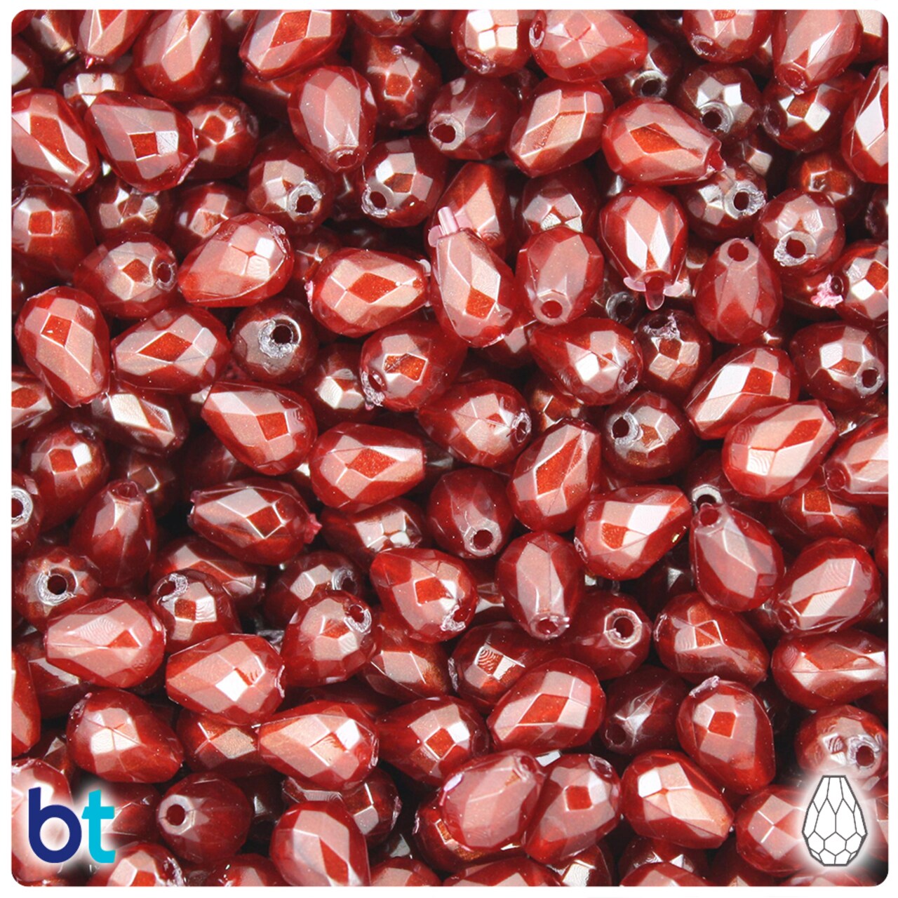 BeadTin Garnet Transparent w/Gold Swirls 9mm Faceted Pear Plastic Beads (60pcs)